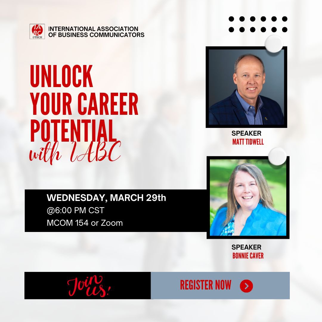 IabcTtu's tweet photo. Join industry experts @BonnieCaver and @matt_tidwell for our next IABC@Tech meeting on March 29th at 6 PM CST in MCOM 154 or on Zoom and learn how IABC can help you transition into your dream career. Pizza will be served! #ttuiabc #careertransition #networking https://t.co/HQafLPasj4