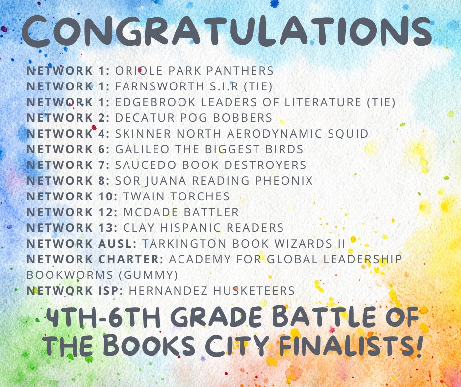Congratulations to the 5th and 6th grade Battle of the Books Team. As Network 1 champions, they are headed to the City Finals!