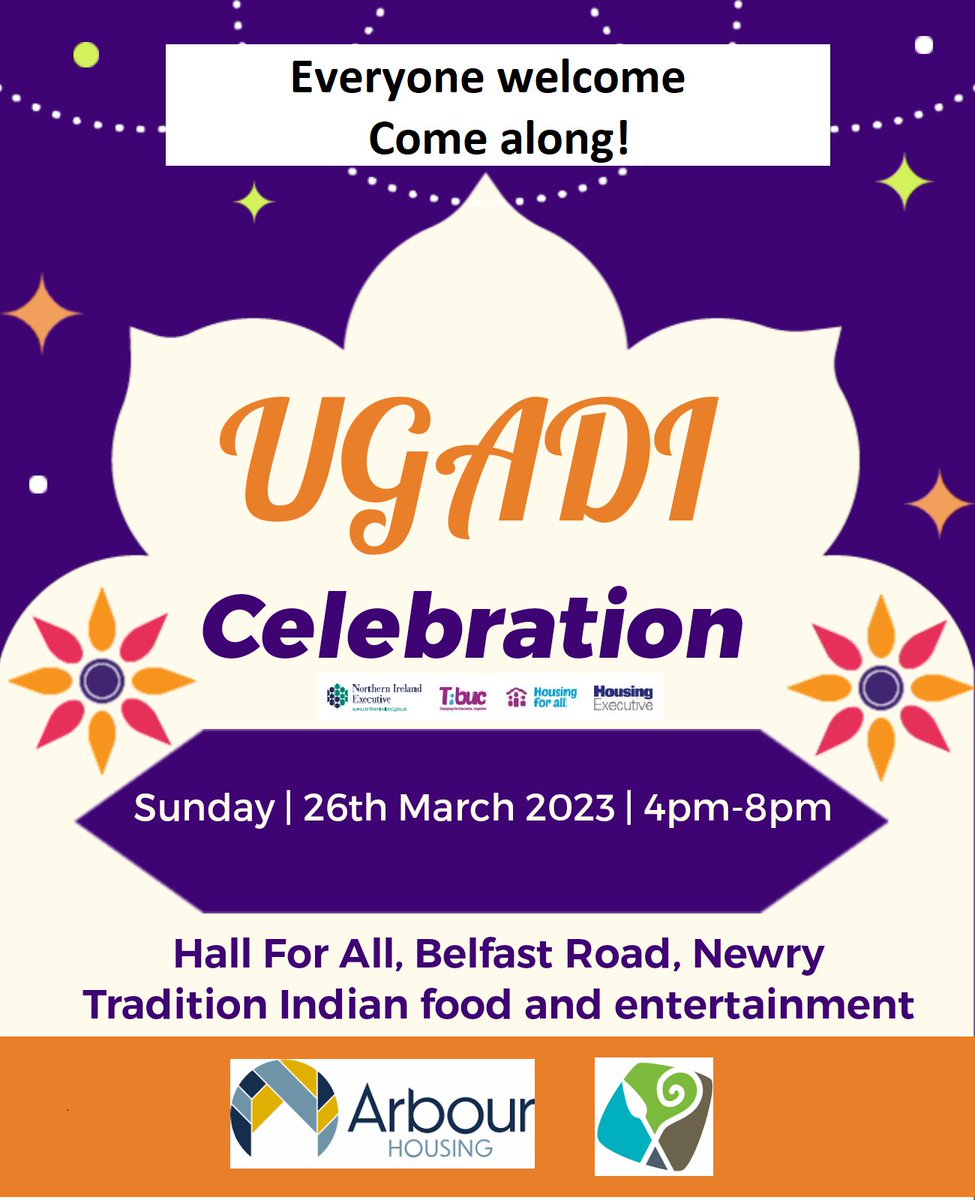arbourhousing's tweet photo. The community of Newry and our new shared housing scheme residents are invited to attend The Ugadi Celebration in the Hall For All, Belfast Road on Sunday 26th March- we hope to see you there! #housingforall #Tbuc #sharedcommunities https://t.co/oc9ZTCPGG0