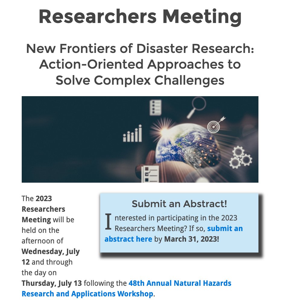 #NHERIspotlight Submit your abstract for the 2023 Natural Hazards Research Workshop! This is a great opportunity for networking and catching up on what is new in the field of #NaturalHazards #research .
