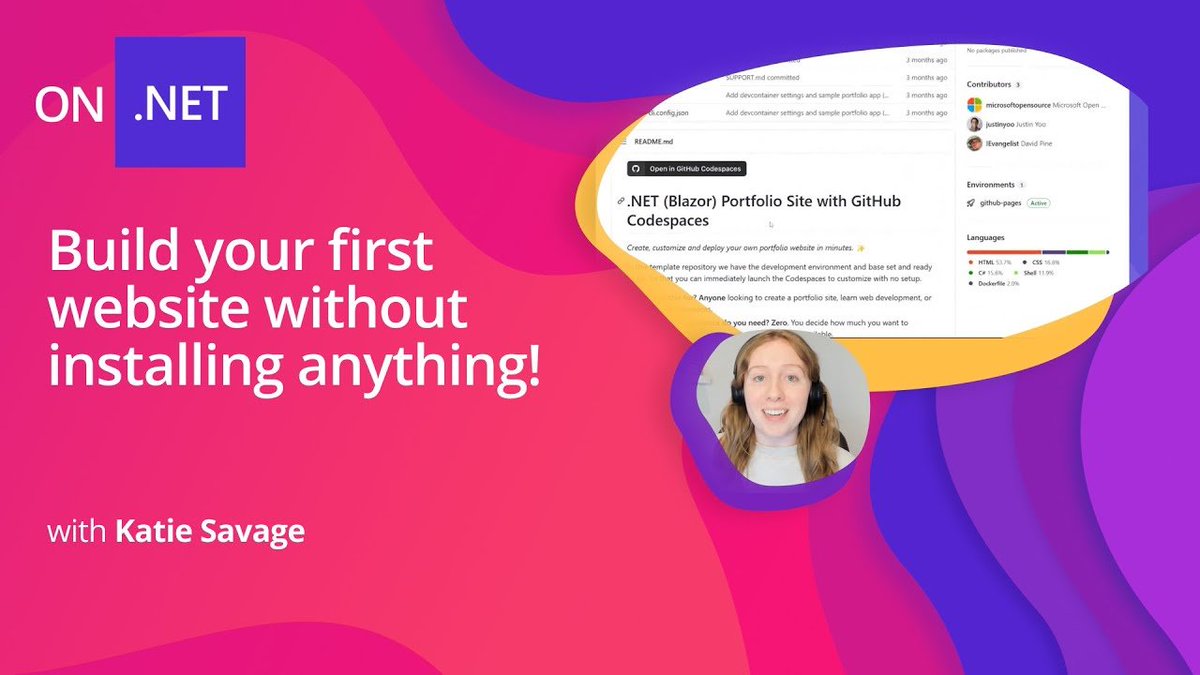 dotnet's tweet image. Build your first Portfolio Website using #dotNET and #GitHubCodespaces.
On today's #OnDotNET, @oKatieSavage shows us how to use #GitHubCodespace to build and deploy a full #dotNET #Blazor app AND without installing anything.
🤯 msft.it/60195NIgL🤯