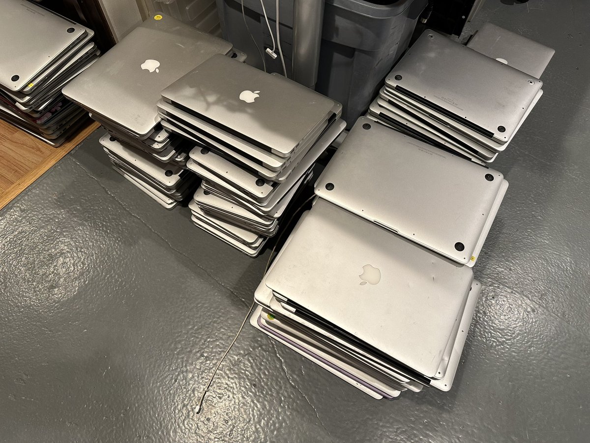 RDKLInc's tweet photo. 220 MacBook Airs, ALL bricked by remote management (MDM/DEP) thanks to irresponsible school IT staff.  This is happening more often than not.  They just don’t care.  #righttorepair https://t.co/kNti7O6zc4
