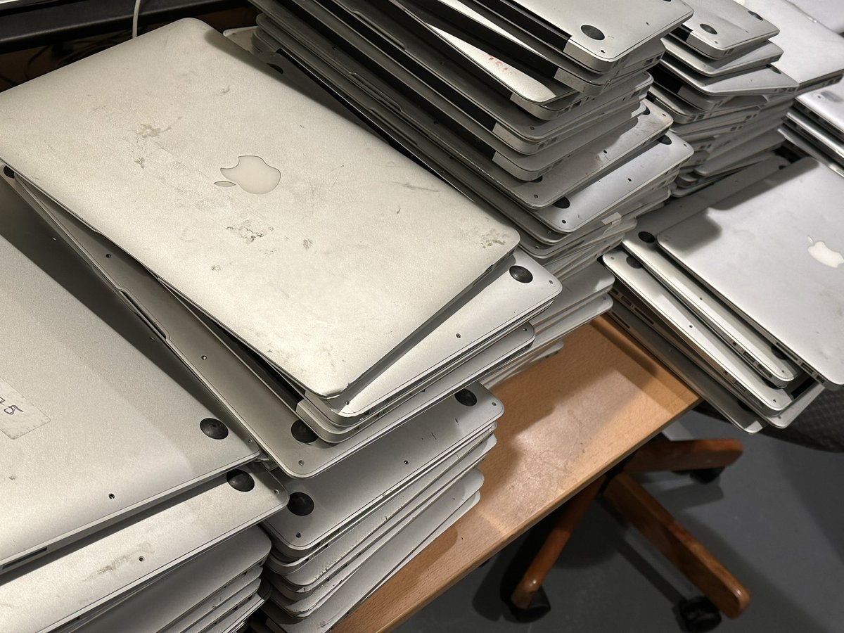 RDKLInc's tweet photo. 220 MacBook Airs, ALL bricked by remote management (MDM/DEP) thanks to irresponsible school IT staff.  This is happening more often than not.  They just don’t care.  #righttorepair https://t.co/kNti7O6zc4