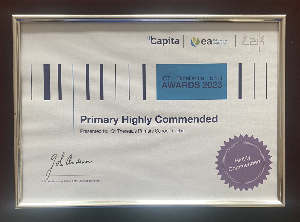 sttheresasglebe's tweet photo. Everyone at St Theresa’s PS is delighted that our wee rural school was awarded “Highly Commended” at the ICT Excellence Awards yesterday evening. We thank Mr Coyle for inspiring our school community over the last 5 years. A wonderful evening @C2k_info @CapitaITN_edu @Ed_Authority https://t.co/A4HEml8SPb