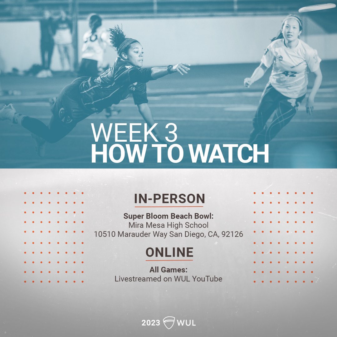 It’s week three and we’re headed down south to sunny San Diego 🏖️ for the second annual Super Bloom Beach Bowl! 

Get your tickets on the @SD_SuperBloom website or tune into the WUL YouTube channel to watch the southwest division battle it out!
