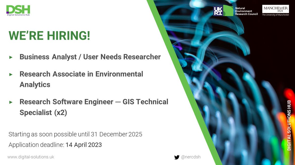 NERCdsh's tweet photo. WE'RE HIRING! We have 4 vacancies to work on our @NERCscience #NERCdsh. Do you have skills in #geospatial software engineering, user needs, business analysis or #environmentalanalytics? Visit our careers for links to apply. Deadline 14 April 2023. https://t.co/Obei3PxJZh https://t.co/d7GZLyt60L