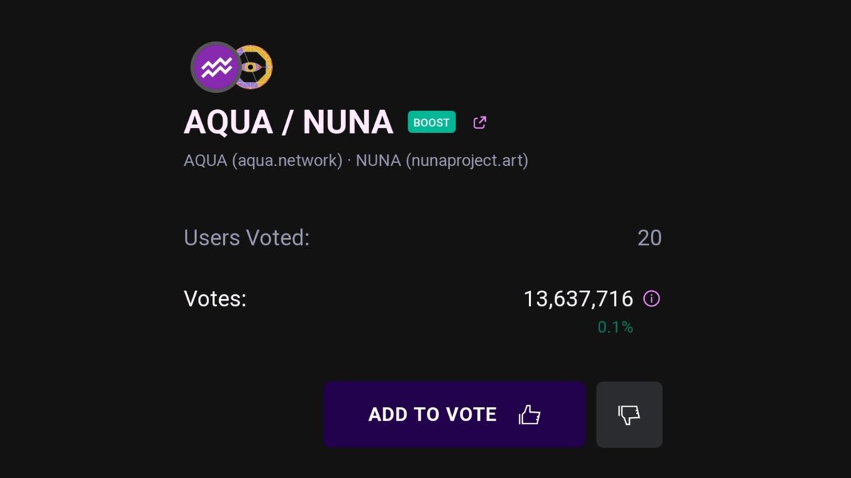 🔥 $NUNA token bribes goes LIVE on Aquarius tomorrow 🔥

To claim your FREE aqua tokens head over to aqua.network/vote?base=NUNA… and vote with ICE or AQUA  🗳

Vote ➡️ NUNA/ $AQUA

Another fine addition to NUNA Project #Art 🔥 👀