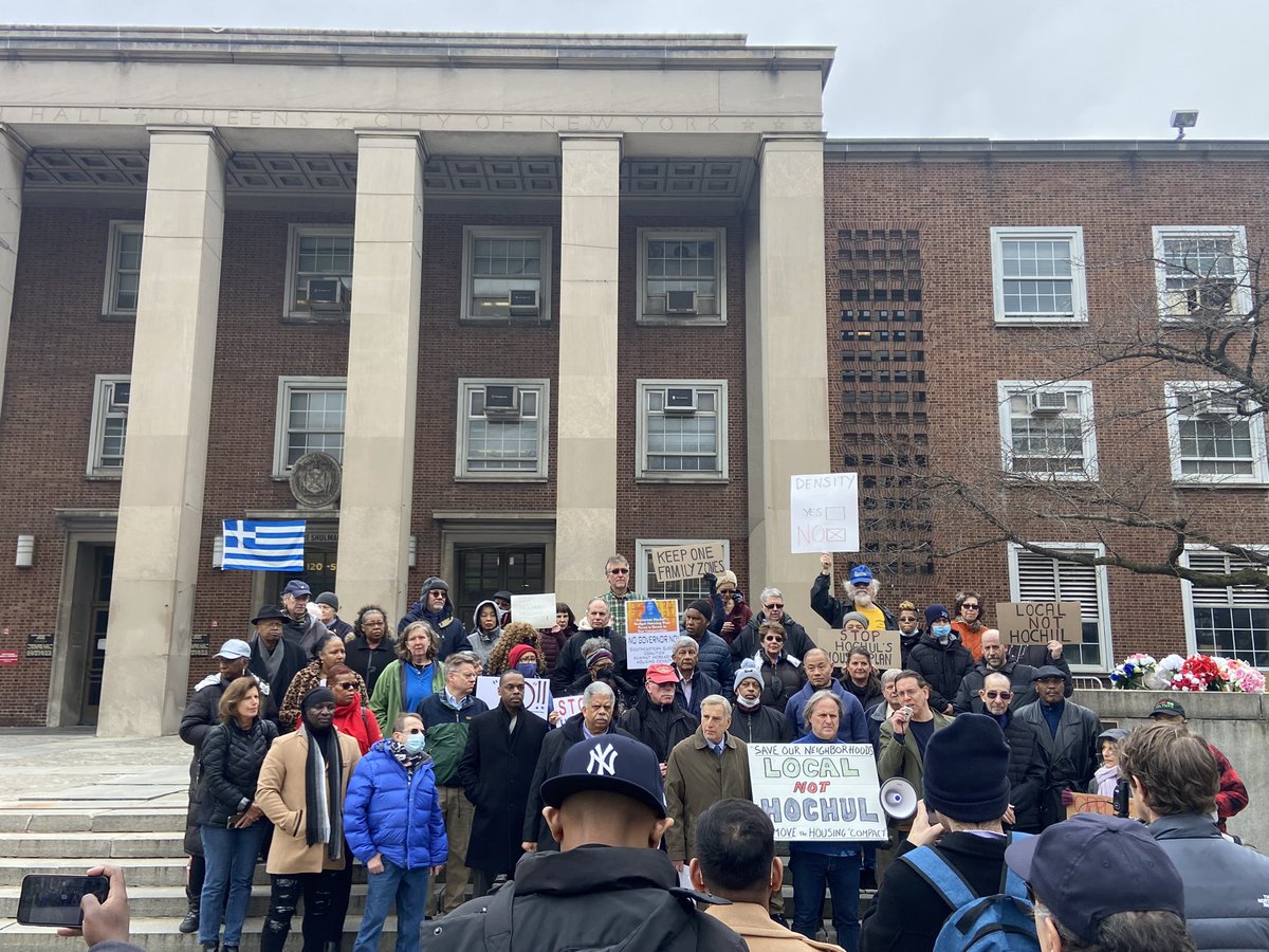 Mezikenyc's tweet photo. Happening now at Queens Borough Hall. Residents standing with State elected officials to say No!!! to the #HousingCompact proposal in the @GovKathyHochul budget! Don’t be fooled by slick TV ads and mailers!!! Do your own homework and educate your community!!! https://t.co/4HpzjPi6Ot