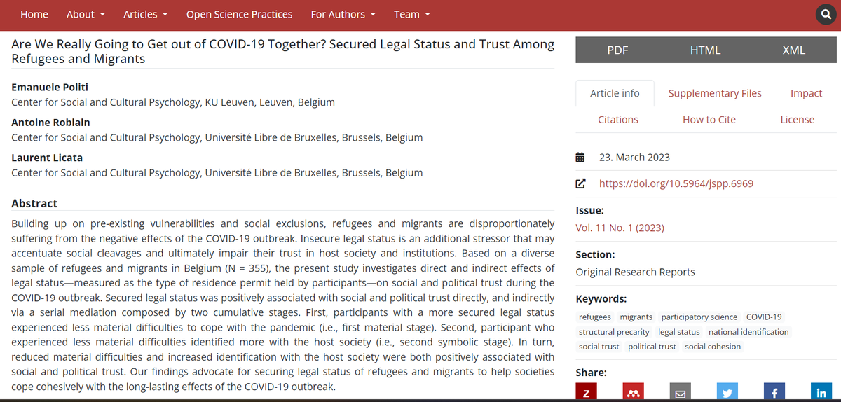 JSPP (@jspp_psychopen) on Twitter photo Emanuele Politi @emanuelepoliti1, Antoine Roblain <a href="/AntoineRoblain/">Antoine Roblain</a> & Laurent Licata @LaurentLicata1 examine the effects of legal status among migrants and refugees in Belgium on trust during the covid-19 pandemic. Access the full text of the article here: jspp.psychopen.eu/index.php/jspp… Emanuele Politi @emanuelepoliti1, Antoine Roblain <a href="/AntoineRoblain/">Antoine Roblain</a> & Laurent Licata @LaurentLicata1 examine the effects of legal status among migrants and refugees in Belgium on trust during the covid-19 pandemic. Access the full text of the article here: jspp.psychopen.eu/index.php/jspp…