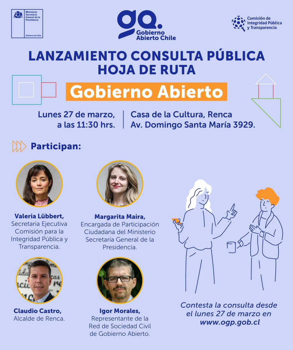 📣#INVITACIÓN
Todos y todas invitadas este lunes al lanzamiento de la consulta pública de la Hoja de Ruta de 
<a href="/GobAbiertoCL/">Gobierno Abierto Chile</a> en la Casa de la Cultura de Renca, junto al alcalde de Renca <a href="/cn_castro/">Claudio Castro Salas</a>
🗓️Lunes 27 / 11:30 hrs. / Casa de la Cultura, Av. Domingo Santa María 3929, Renca.