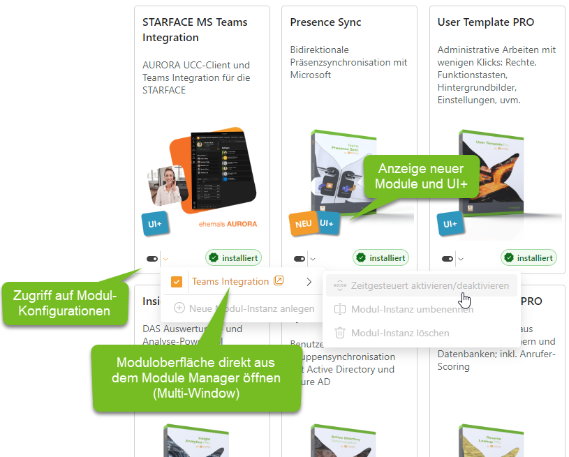 fluxpunkt's tweet image. Neues Release des #ModuleManager für STARFACE (v23.3.24):
✓ Automatische Kennzeichnung von Modulen mit neuer, moderne Benutzeroberfläche (UI+)
✓ Anzeige des Modulnamens in der rechten oberen Ecke der Menüleiste für verbesserte Übersicht im Multi-Window-Betrieb
