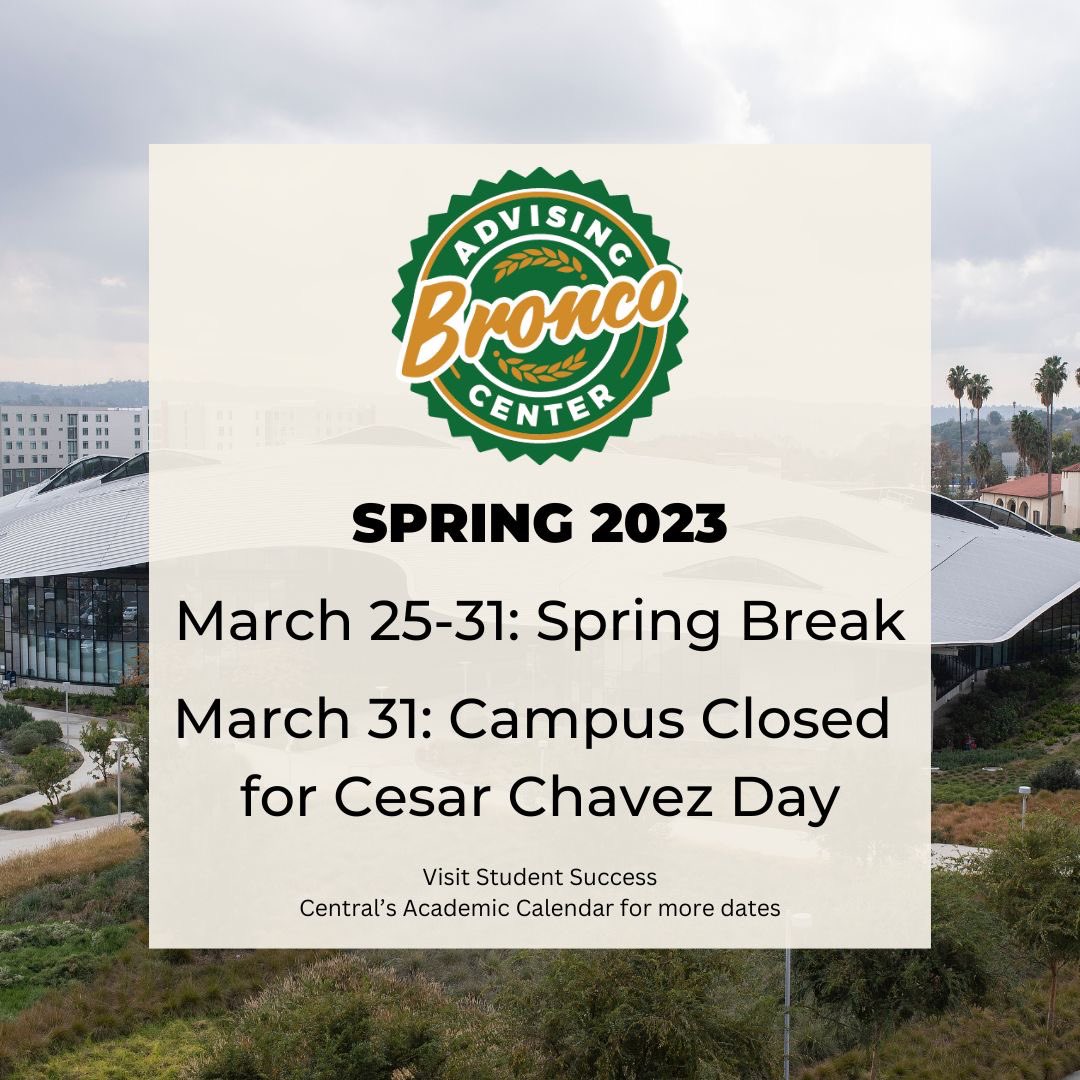 cppbac's tweet image. Have a happy, safe and relaxing Spring Break, Broncos — CPP will be open throughout the week, including the BAC, the University Library and a few Dining Services options. Visit their websites for more info. 

The campus will be closed on 3/31 for Cesar Chavez Day. #calpolypomona