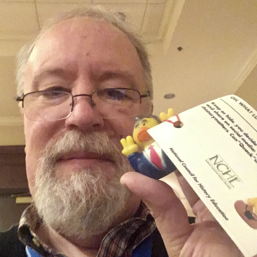 “I am not a crook,” just a higher ed curator, librarian, archivist with a presidential duck enjoying my time @historyed #nche2023 #HistoryMatters #YayHistory And yes, I checked: this is Tricky Dicky Duck. The hairline, eyebrows, and beak are the giveaways.