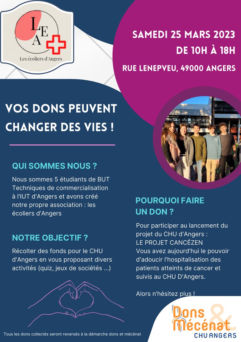 MecenatA's tweet photo. 📢 Un groupe d’étudiants de B.U.T Techniques de commercialisation de l'@IUTAngersCholet sera présent rue Lenepveu à #angers avec un stand pour sensibiliser le grand public au projet CancéZen du @chu_angers.
📅 samedi 25/03/2023
🕐 de 10h à 18h
📍 rue Lenepveu, Angers https://t.co/7tPllXZtXq
