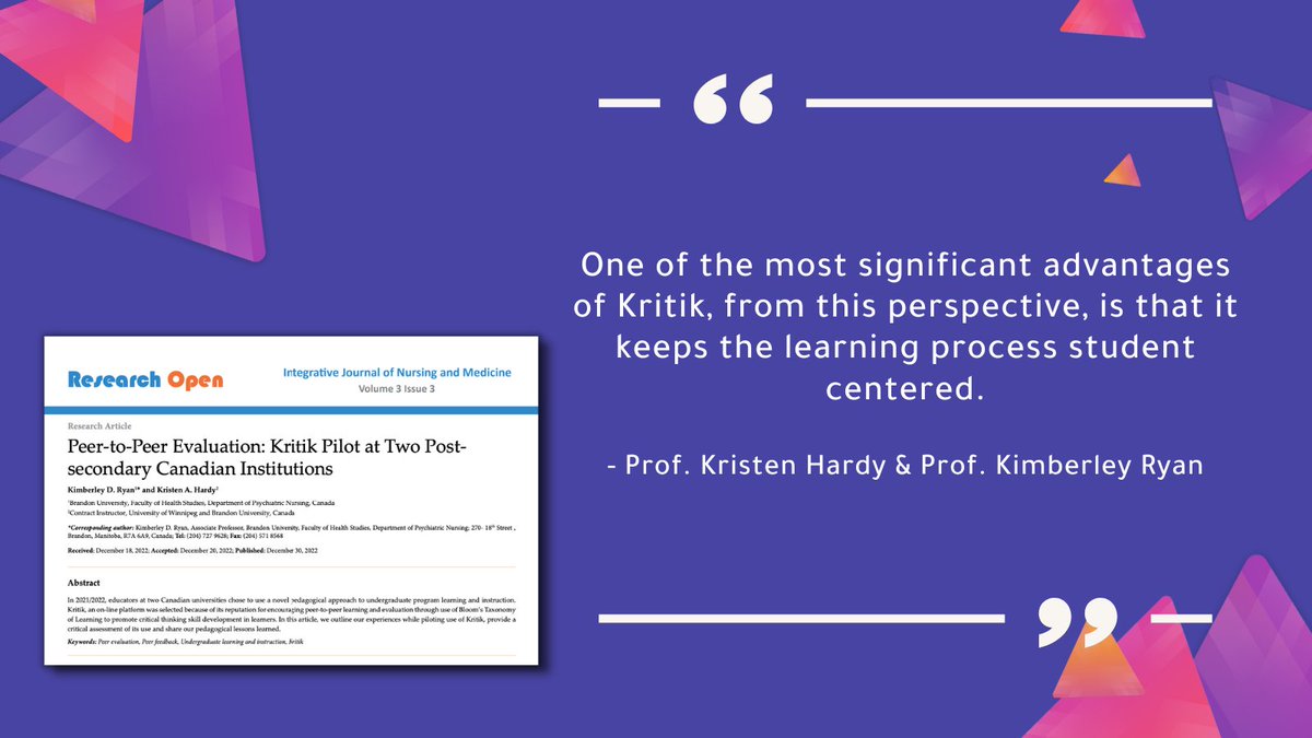 Check out the research paper of Prof. Kristen Hardy and Prof. Kimberley Ryan from <a href="/BrandonUni/">Brandon University</a> on their usage of Kritik in their courses, published in the Integrative Journal of Nursing and Medicine: hubs.la/Q01J3Gs_0

#HigherEducation #EdTech #PeerAssessment