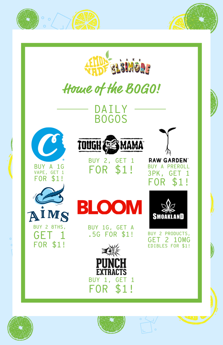LemonnadeLakeE's tweet photo. Check out today's daily deals! We've got BOGOs from @cookiesglobal, @_rawgarden, &amp; more!!!! Open 7am-9pm daily, check us out in-store or online at https://t.co/ZAsnyX1uDX 🔥 #FlavorsOurThing🍋 #LemonnadeLE #Cookies #Gasolina https://t.co/ciIe7LLrjU