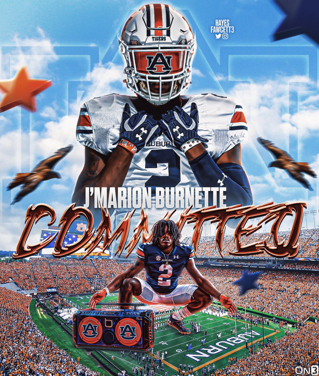 Hayesfawcett3's tweet photo. BREAKING: Four-Star RB J’Marion Burnette has Committed to Auburn!

The 6’1 225 RB from Andalusia, AL chose the Tigers over Alabama, Georgia, and others.

“It’s like a family at Auburn, and they’ve recruited me the hardest since day 1.”

https://t.co/D6w2IUk9SE https://t.co/rMsXxUSr2F