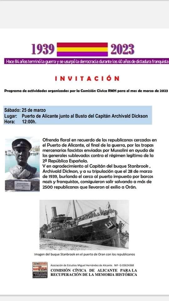 Estaremos mañana (el 25 de marzo) en el Puerto de Alicante para conmemorar la salida del Stanbrook.