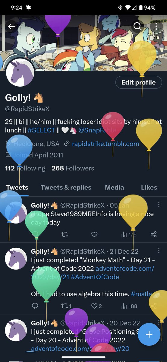 RapidStrikeX's tweet photo. the balloons say "I'm not dead yet, I've been busy with IRL commitments and as a result I get burned out easily"

also im 30 now https://t.co/KVKgaKm9wo