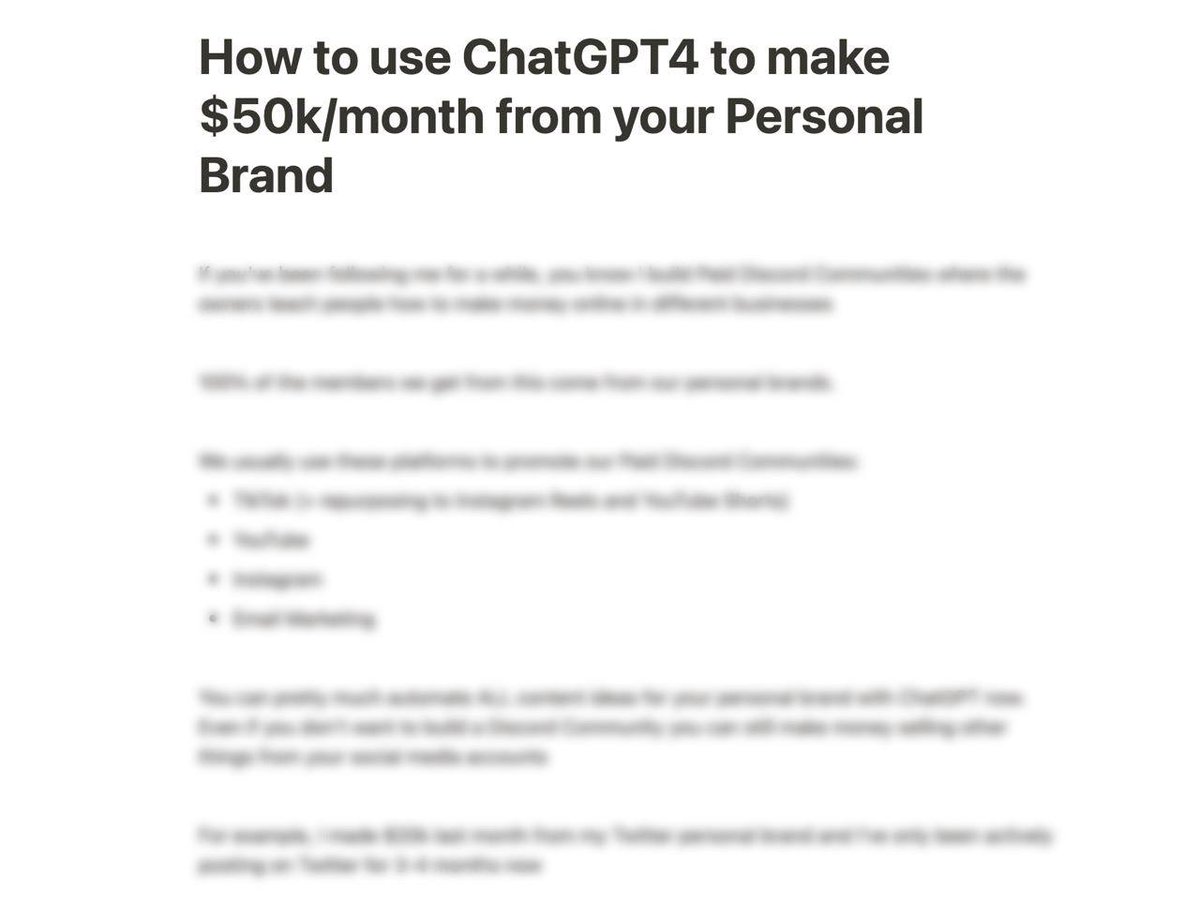 I made $20k last month from my Twitter + I build Communities to $100k/mo using Personal Brands

I created a FULL GUIDE on how to make $50k/month from your Personal Brand using ChatGPT4

Like, RT + Comment 'brand' and I'll DM it to you for FREE 

(must be following me)