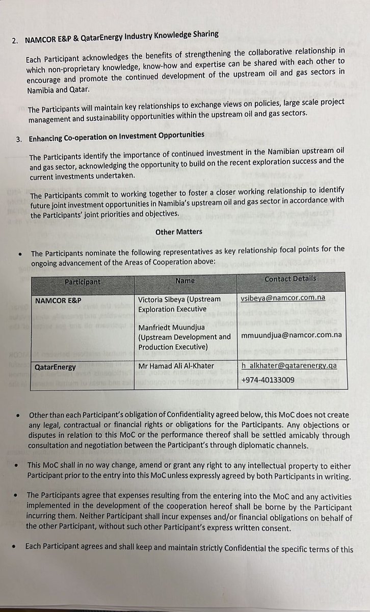 Shipululo's tweet image. Dear Namibians 🇳🇦
Because they need WRITTEN PERMISSION from Qatar, the  NAMCOR Board is not in a position to release this AGREEMENT. Fortunately, I don’t report to Qatar so I can release this agreement. The SECRET Clause they are defending starts at the end of page 2 &amp;amp; goes to 3!