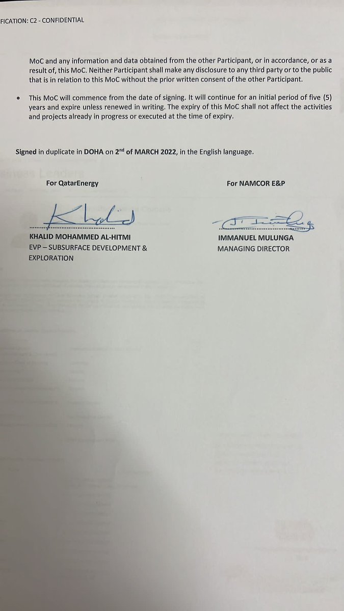 Shipululo's tweet image. Dear Namibians 🇳🇦
Because they need WRITTEN PERMISSION from Qatar, the  NAMCOR Board is not in a position to release this AGREEMENT. Fortunately, I don’t report to Qatar so I can release this agreement. The SECRET Clause they are defending starts at the end of page 2 &amp;amp; goes to 3!