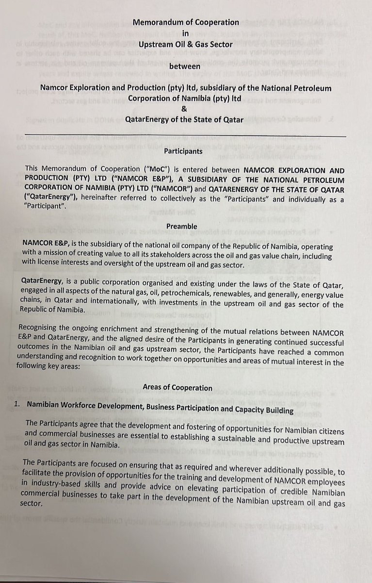 Shipululo's tweet image. Dear Namibians 🇳🇦
Because they need WRITTEN PERMISSION from Qatar, the  NAMCOR Board is not in a position to release this AGREEMENT. Fortunately, I don’t report to Qatar so I can release this agreement. The SECRET Clause they are defending starts at the end of page 2 &amp;amp; goes to 3!