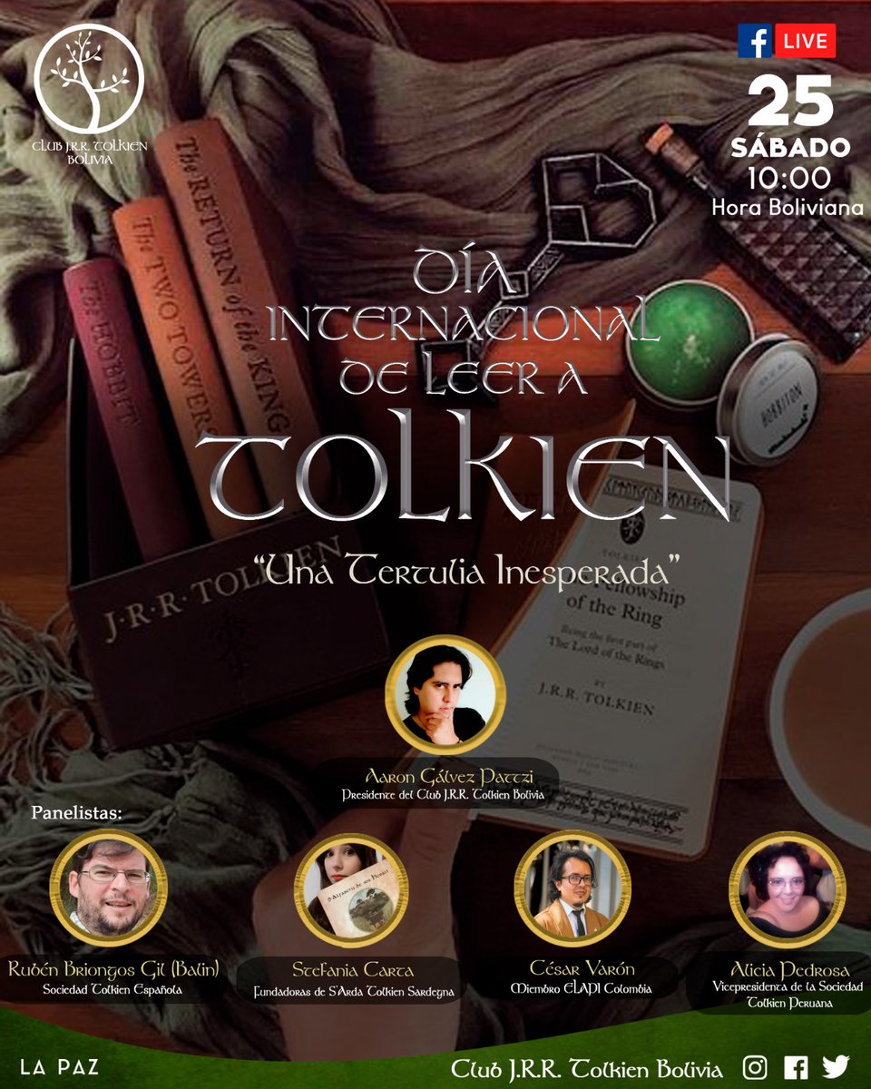 ClubTolkien's tweet image. No te pierdas nuestro programa especial en vivo por el "Día Internacional de Leer a Tolkien". 

Mañana sábado 25 de marzo, a las 10:00 Hrs. (Hora Bolivia) por Facebook Live en "Una Tertulia Inesperada" 
¡Los esperamos! 🧙🏻‍♂️📚

#Tolkien #TolkienDay #DíaInternacionaldeLeeraTolkien