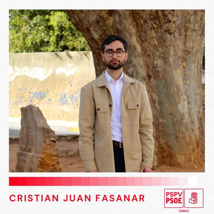 Coneixes al nostre candidat?🌹 És Cristian Juan Fasanar, graduat en Ciències Polítiques i de l'Administració Pública📑 És militant del PSPV-PSOE des de 2018 encara que la seua relació amb la política local va començar al 2014 amb diversos moviments socials💪