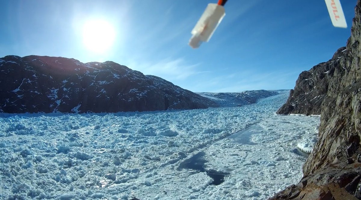 First day of fieldwork in Narsarsuaq, #Greenland - our drone takes off to find an opening in the ice: A #GEUS + <a href="/NatSci_AU/">Faculty of Natural Sciences - Aarhus University</a> collaboration to measure winter dynamics of fjords. Thanks to <a href="/VILLUMFONDEN/">Villum Fonden</a> for supporting me.