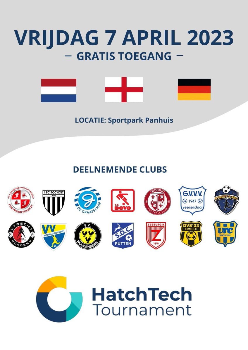 footballtours's tweet photo. Looking forward to the HatchTech tournament at Easter played at @vvDOVO with our teams from @Street2Pro @wokingfcacademy @fernwoodfoxes competing in this one day international tournament #islfootballtours #hatchtech #dovo #woking #street2pro #fernwood #tournament #holland https://t.co/0xRDgYqLpg