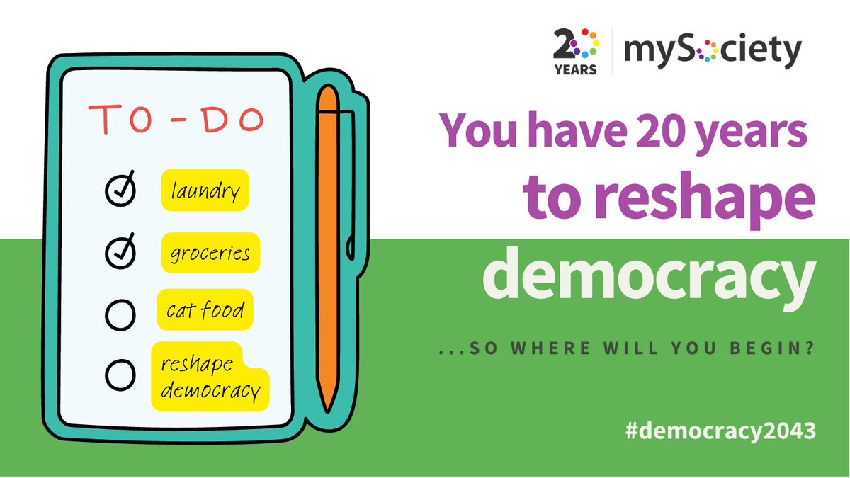 mySociety's tweet photo. In our 20th year, we're looking forward - &amp; thinking about where we can be most useful over the next two decades. But for now, we're asking YOU: if you had 20 years to build towards a democracy that works for everyone, what would you start putting in place now? #democracy2043 https://t.co/whJtOZXNg3