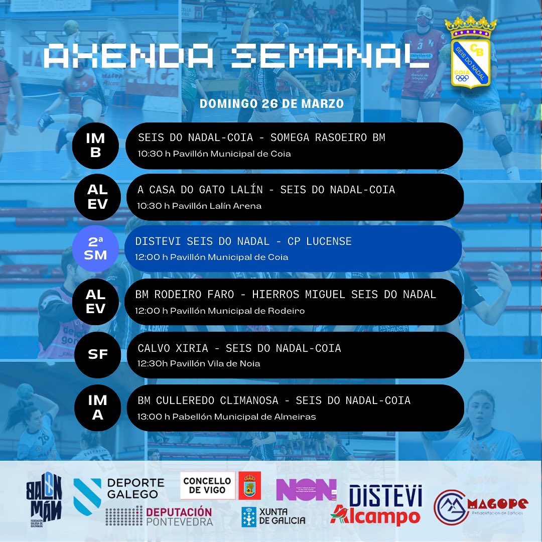 📣 AXENDA SEMANAL!

Non perdas os partidos dos nosos equipos desta fin de semana. Moita sorte a todos e todas! 

#EuSonSedona
#facedequeanosalendamedre 
#ConSeloGalego