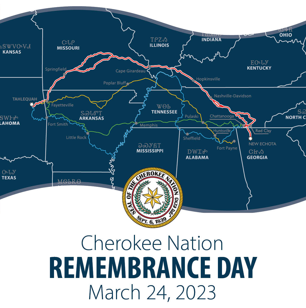 CherokeeNation's tweet image. Today is Cherokee Nation Remembrance Day.

184 years ago today, one of the final groups of Cherokees arrived in Indian Territory after being forcibly removed from their homelands and enduring a perilous journey across the Trail of Tears. (1/3)