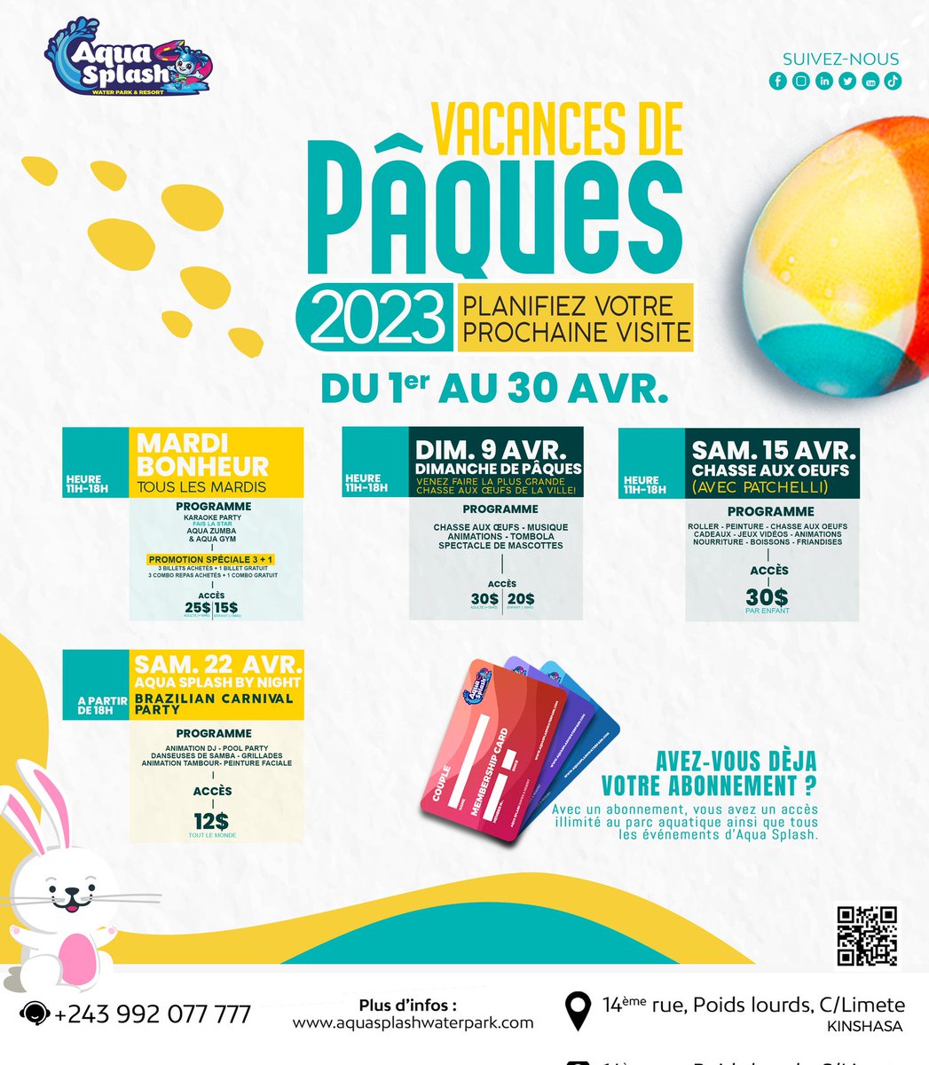 Venez vivre la magie de Pâques dans un cadre unique et magnifique avec vos amis et votre famille à Aqua Splash ! Profitez de nombreux jeux amusants, d'activités et bien plus encore.

Planifiez vos visites à l’avance!

#parcaquatique #visitRdcongo #resort #africanbeauty #kinshasa