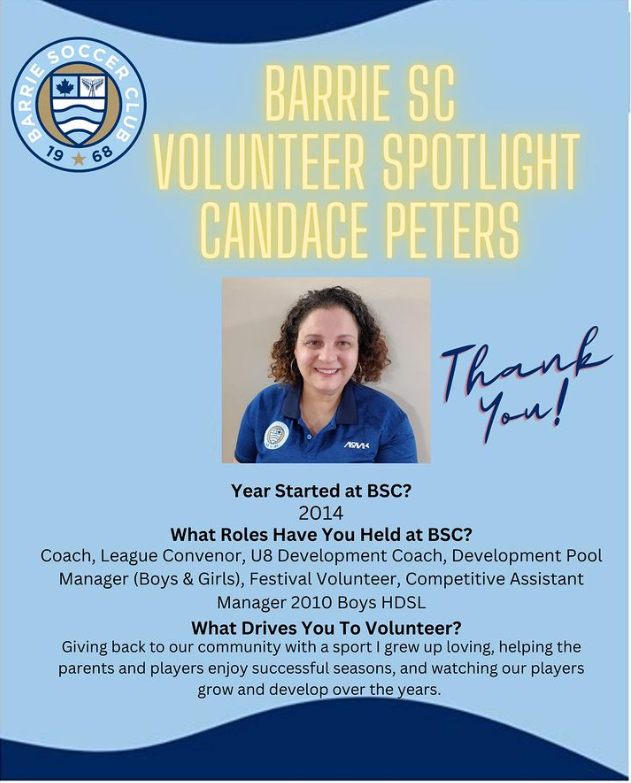 It’s Volunteer Friday! This week we shine the spotlight on Candace Peters! Candace has been with the club since 2014 and has had a number of positions as a volunteer! Thank you Candace for all that you do! #weareone #barriesoccer #volunteerspotlight