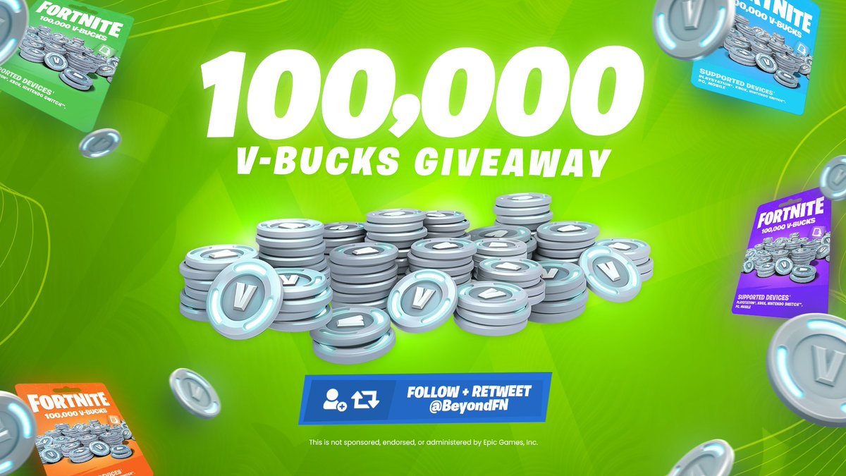 👑 100K V-BUCKS GIVEAWAY 👑 #UEFN Prizes: 🏆 1 Grand Prize Winner of 50K V-Bucks 🥈 10 Winners of 5K V-Bucks Requirements: - Follow @BeyondFN - Retweet this This giveaway ends in 72 hours!! 🔥 Make sure to stick around at @BeyondFN as there might be more giveaways there soon!