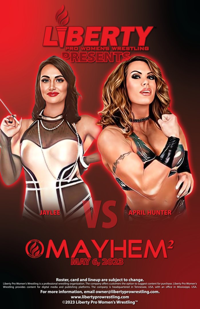 libertyproww's tweet photo. Visit the #LibertyProShop (https://t.co/mXkPpUyHit) for more information on how you can sponsor 💥 Jaylee vs. April Hunter 💥 for #LibertyProMayhem2! | @Jaylee1234 | @aprilhunter https://t.co/3BxIa0NqWy