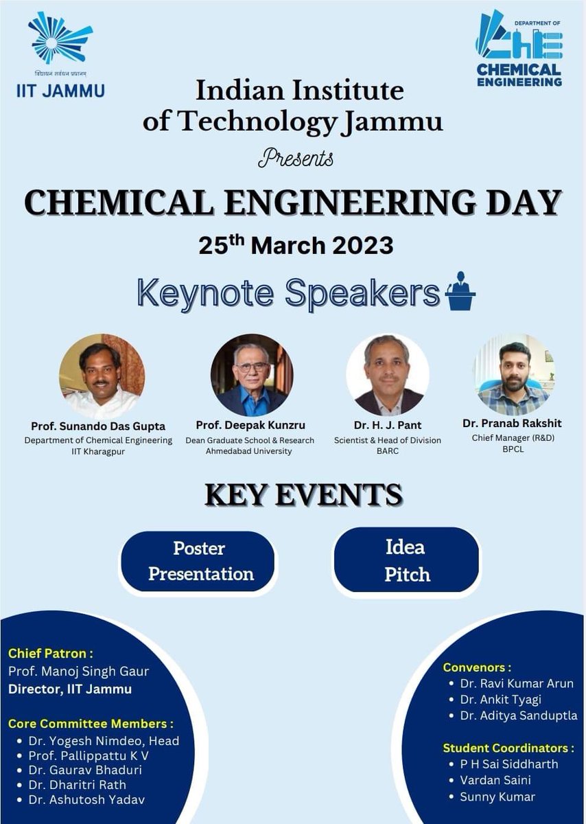 As a new initiative to create a platform to interact with great leaders in Chemical Engineering academics as well as the industry, our department is celebrating "Chemical Engineering Departmental Day" on 25th March 2023. <a href="/EduMinOfIndia/">Ministry of Education</a> #chemicalengineering <a href="/IITJammu/">IIT Jammu</a>