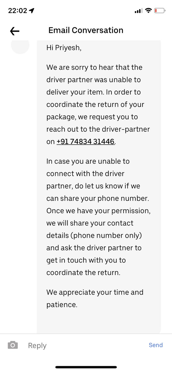 PriyeshSavani's tweet photo. @Uber_Support @Uber_India Pathetic reply from Uber support team. On a package non delivery complaint, support executive asking me to tip the person who has chosen to run away with my package entrusted for delivery on “Uber connect” https://t.co/rcFaoPZNA6