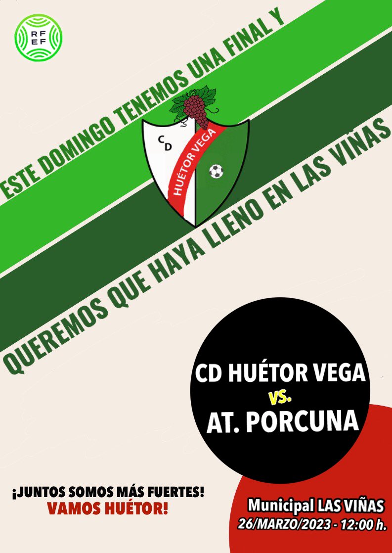 Nos quedan 4 finales y nuestros jugadores se van a dejar la piel por conseguir el objetivo. El domingo, de nuevo, os necesitamos para ganar ese partido y sabemos que si estáis ahí animando es imposible que se nos escapen los puntos.

¡Vamos afición!
¡Vamos Huétor!

⚽️💪💚