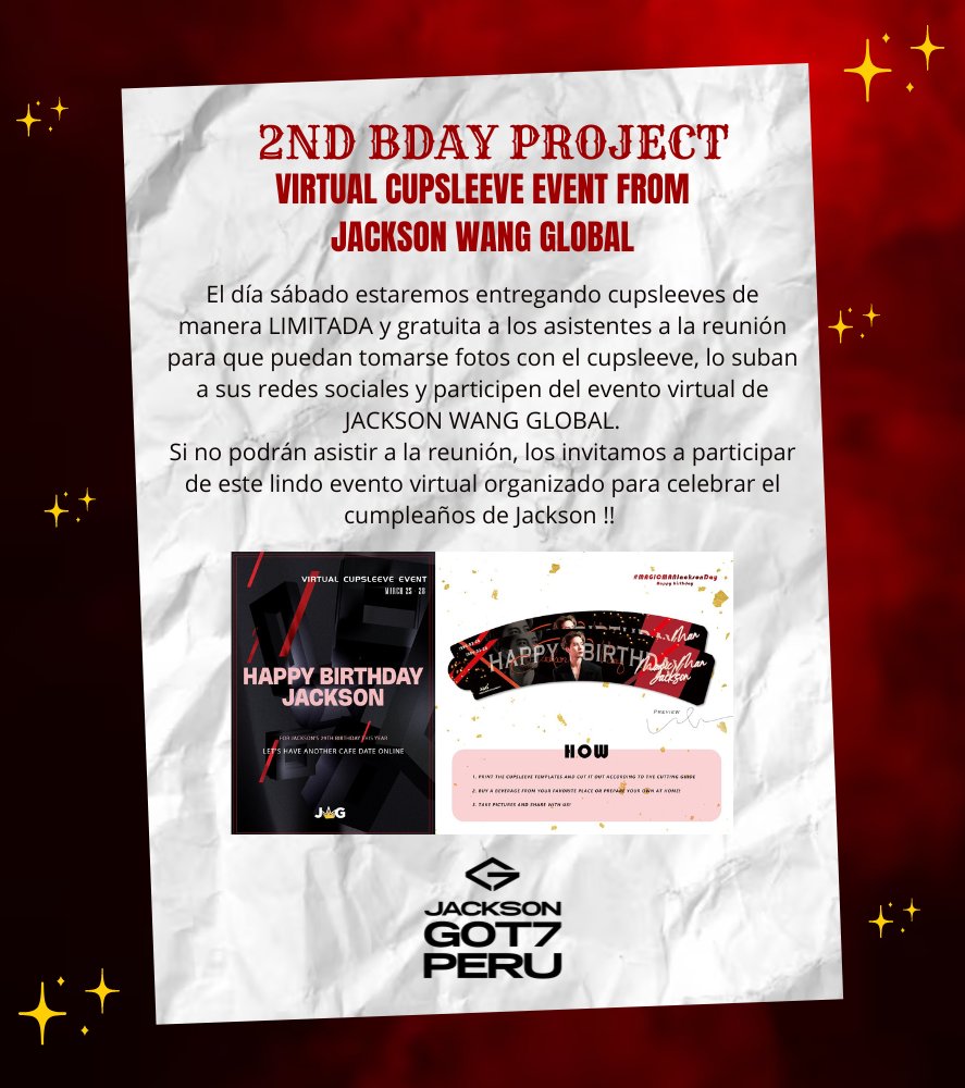 Jackson_G7Peru's tweet photo. ✮ 2ND BDAY PROJECT ✮
✨VIRTUAL CUPSLEEVE EVENT FROM @JacksonWGlobal
Jackson Wang Global está organizando este proyecto virtual y nosotros estaremos participando!
Desde sus casas también participen🖤
#Jackson #JacksonWang #JacksonGOT7Peru #Birthday #Magicman #王嘉尔 #잭슨 https://t.co/cWemSCE5zv