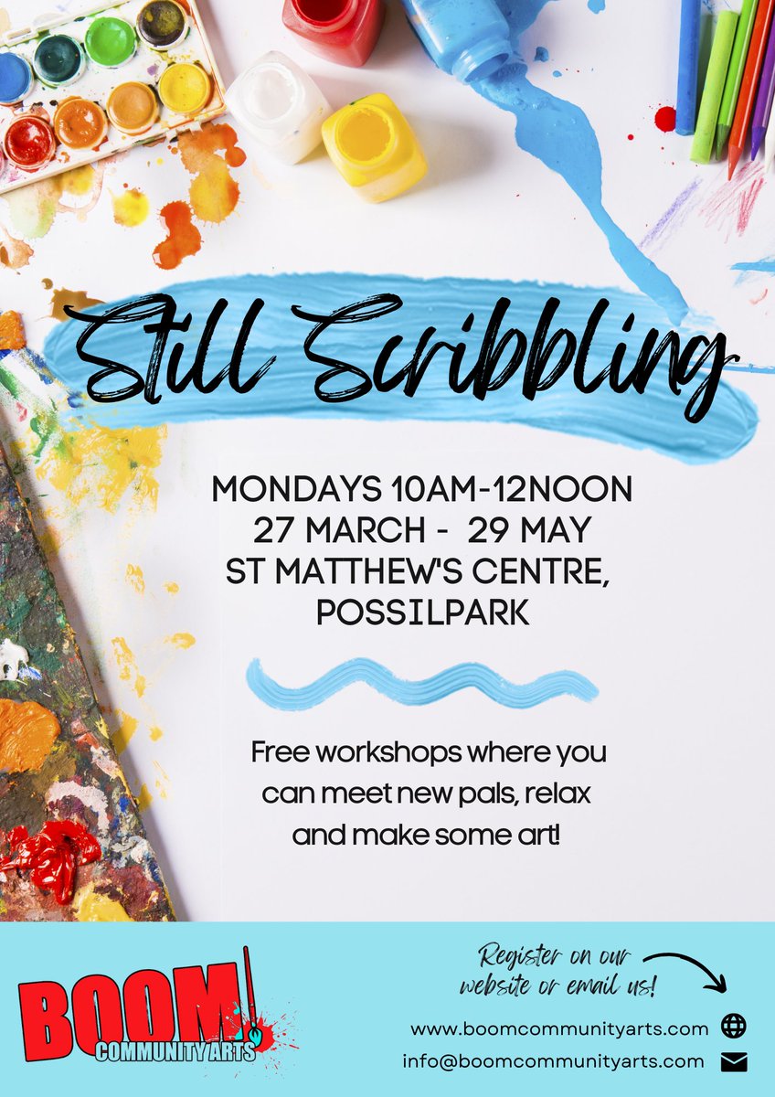 Still Scribbling is BACK at the St Matthew's Centre this Monday 27th March and there's still space for a few more folk to take part! 🎨 If you're keen, sign up here:
boomcommunityarts.com/events/still-s…