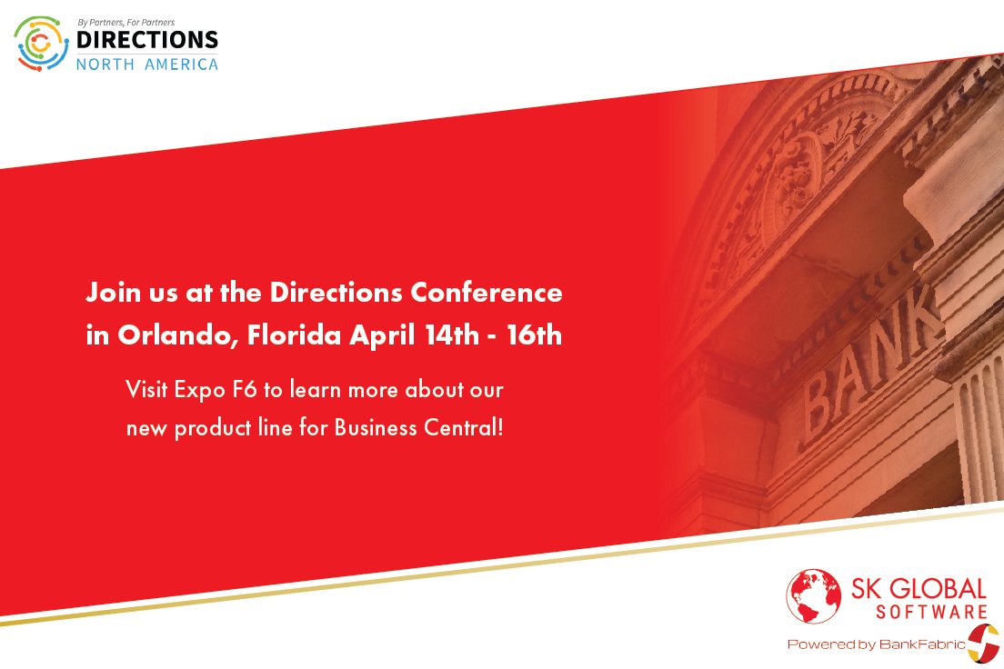 SKGlobal_'s tweet photo. SK Global is very excited to be sponsoring the Directions North America event as an exhibitor. Stop by our booth Expo F6 to learn more about our new solutions for #BusinessCentral, #BankingIntegration and #VendorPaymentAutomation: https://t.co/BXvNzdJFZ8

#DirectionsNA #BC https://t.co/gEgiKVn6IB