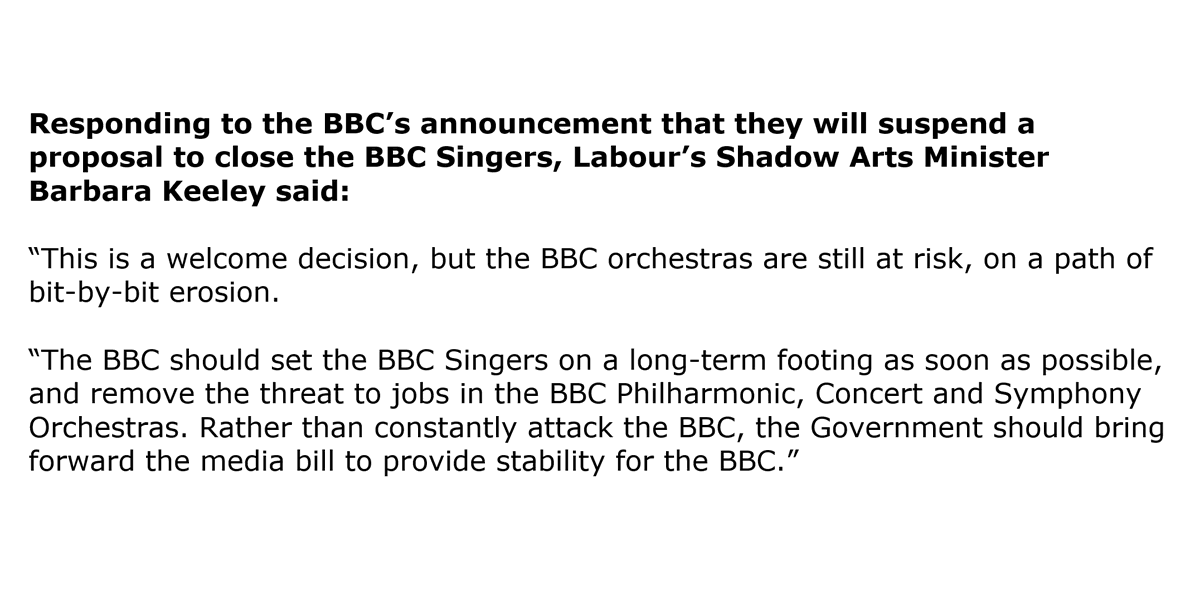 It is right that the BBC has suspended its decision to disband <a href="/BBCSingers/">BBC Singers</a>. 

But the renowned <a href="/BBCPhilharmonic/">BBC Philharmonic Orchestra</a>, <a href="/BBCSO/">BBC Symphony Orchestra & Chorus</a> &amp; <a href="/BBCCO/">BBC Concert Orchestra</a> are still under threat from 20% cuts to jobs.

The BBC must reconsider these cuts too, which could prove devastating for classical music.