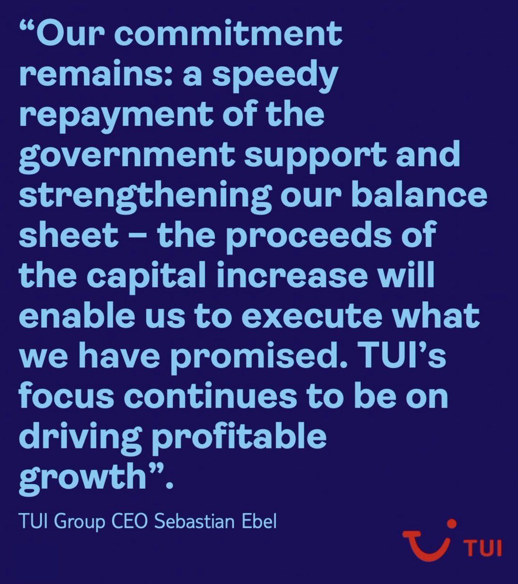 #TUI intends to repay Corona state aid in full, announces launch of a 1.8 billion euros capital increase. We will use the net proceeds from the capital increase to reduce interest costs and debt. Find out more 🔗: tuigroup.com/en-en/media/pr…