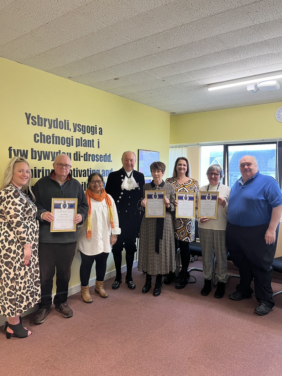 HSGwent's tweet photo. These four volunteers are rewarded for a combined service of nearly 60 years helping youth offenders in Blaenau Gwent/Caerphilly rehabilitate their lives. Their dedication and commitment has been exemplary. #highsheriffs #CaerphillyCBC #BlaenauGwentCBC https://t.co/L0sRVuZ6z0