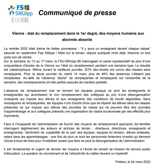 SNUIPP_FSU_86's tweet photo. Communiqué de presse : la FSU-SNUipp 86 alerte sur l'état du remplacement dans le 1er degré. https://t.co/PjvoN1Sl4Y