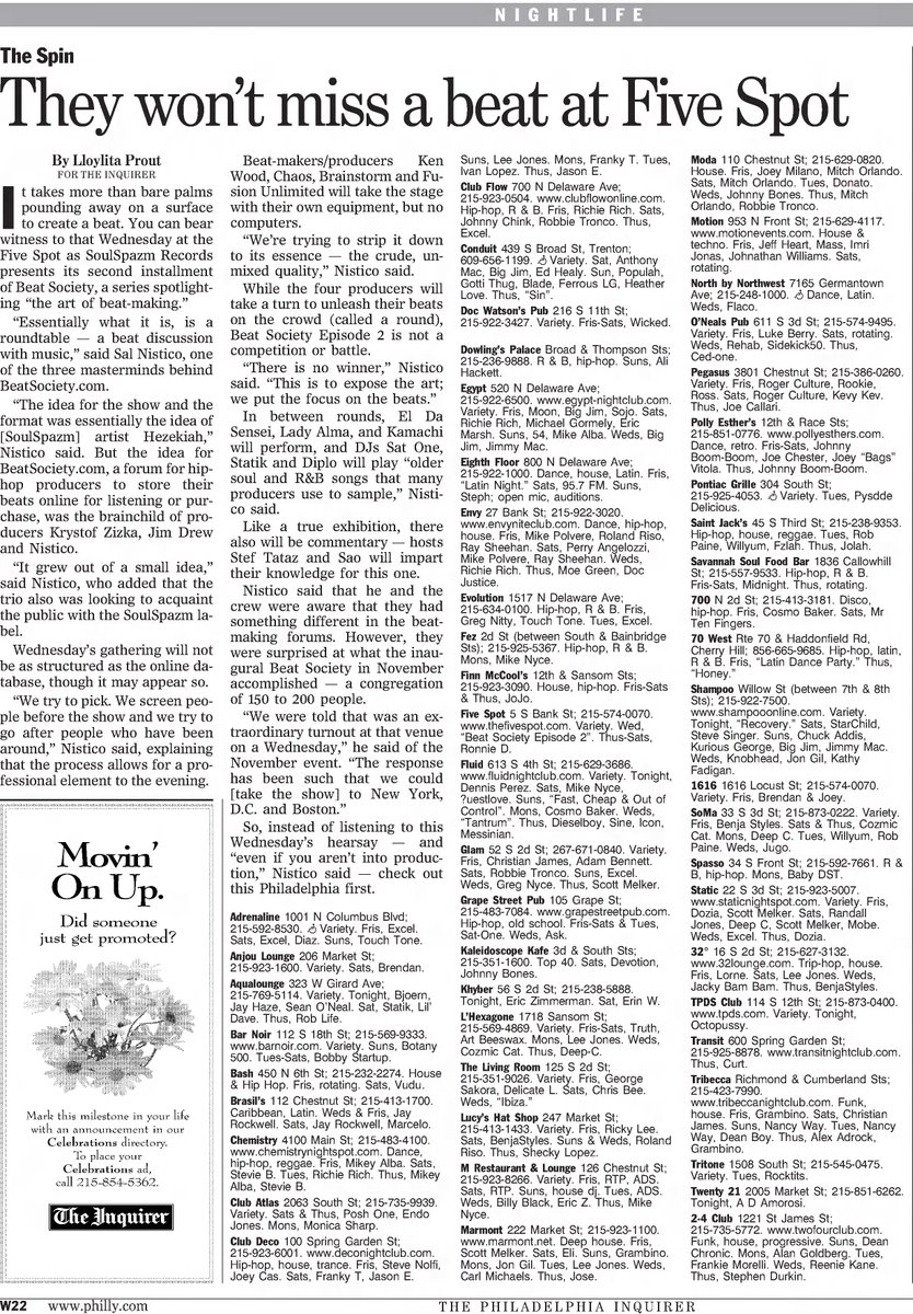 John Morrison (@john_liberator) on Twitter photo Beat Society is a live beat event created in Philly in 2002.
A bunch of local legends spun and played beats there as well as out of towners like Kanye, Just Blaze, 9th Wonder, Oddisee, Nottz, Diplo and Illmind. 
This is an Inquirer article about the event from January 2003. Beat Society is a live beat event created in Philly in 2002.
A bunch of local legends spun and played beats there as well as out of towners like Kanye, Just Blaze, 9th Wonder, Oddisee, Nottz, Diplo and Illmind. 
This is an Inquirer article about the event from January 2003.
