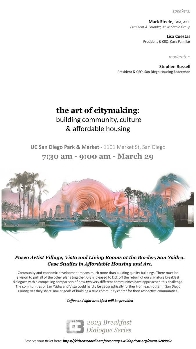 Next week! C-3's signature Breakfast Dialogues return with a look at how @CasaFamiliar and @CHWorks integrated the arts and community revitalization in affordable housing. Join us Wed 3/29 @UCSDPark_Market for coffee and community, free for members! RSVP: …coordinateforcentury3.wildapricot.org/event-5209862